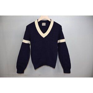 VTG Kandahar Navy Blue Wool V Neck Pullover Sweater Striped Sleeves Sz M